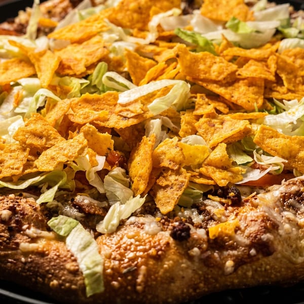 Taco pizza topped with seasoned ground beef, shredded lettuce, and nacho cheese chips.
