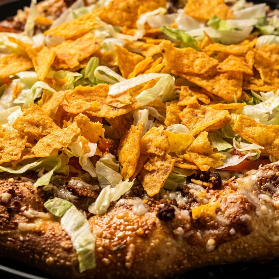 Taco pizza topped with seasoned ground beef, shredded lettuce, and nacho cheese chips.