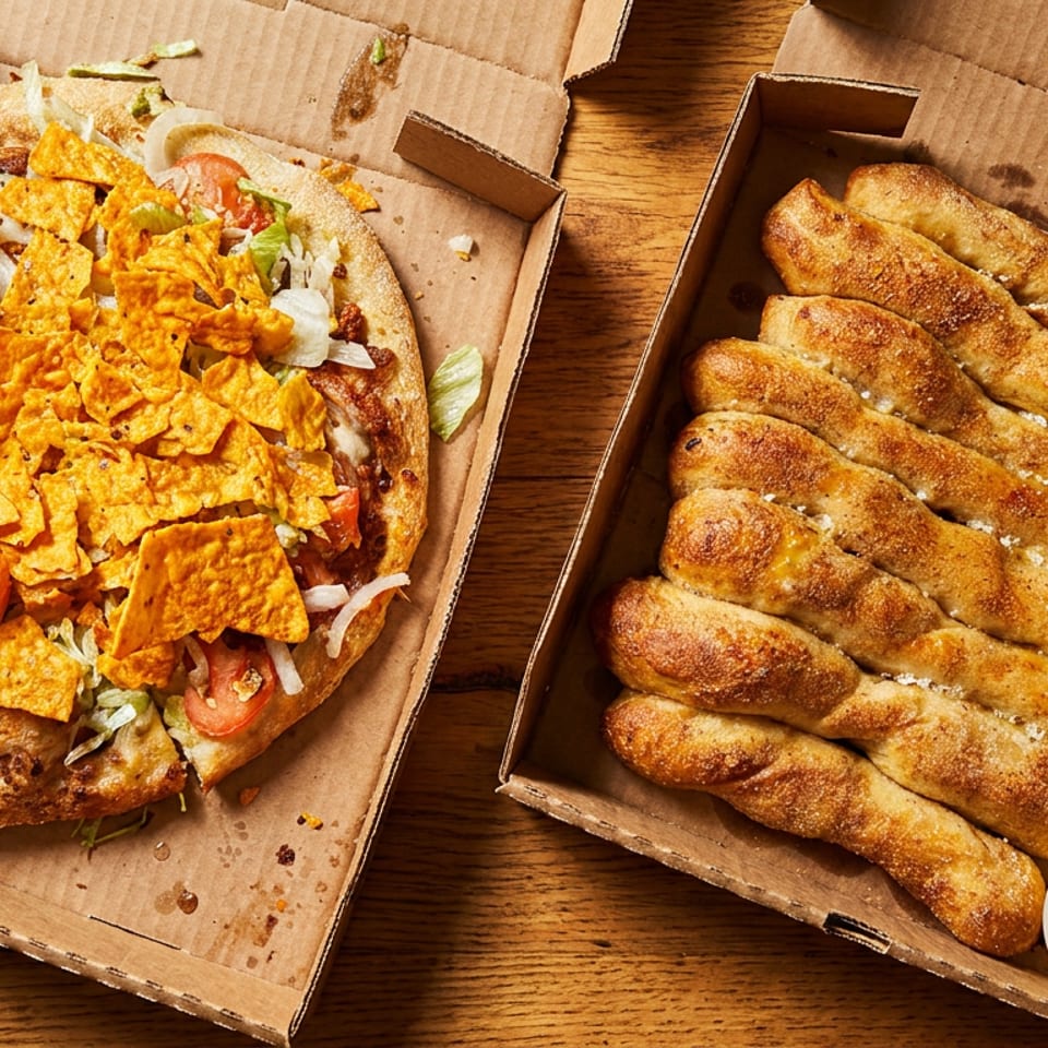 Taco pizza topped with tortilla chips and a box of breadsticks with dipping sauces.