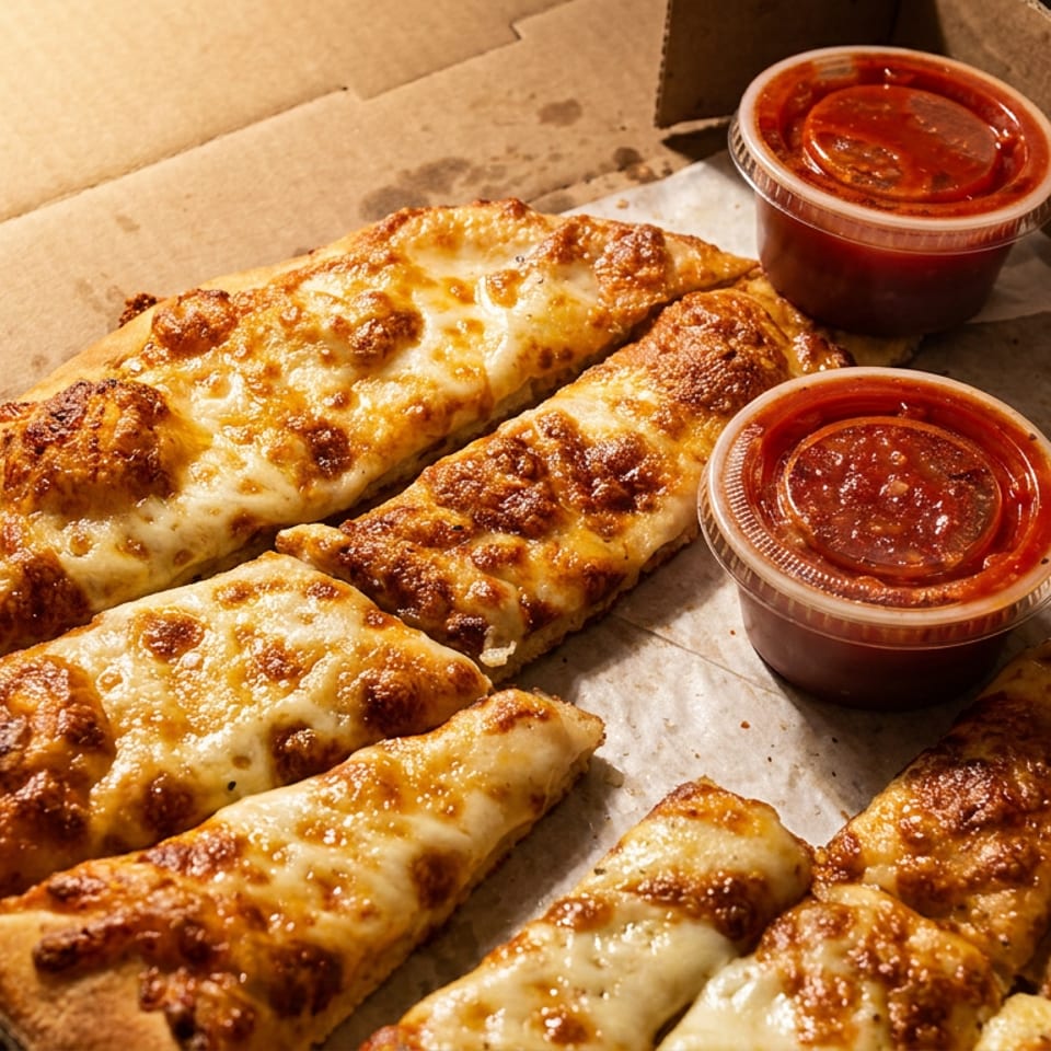 Cheesy breadsticks and two cups of marinara sauce in a pizza box.