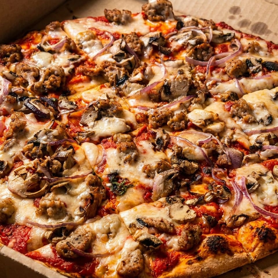 A whole pizza with sausage, mushrooms, red onions, and melted cheese in a cardboard box.