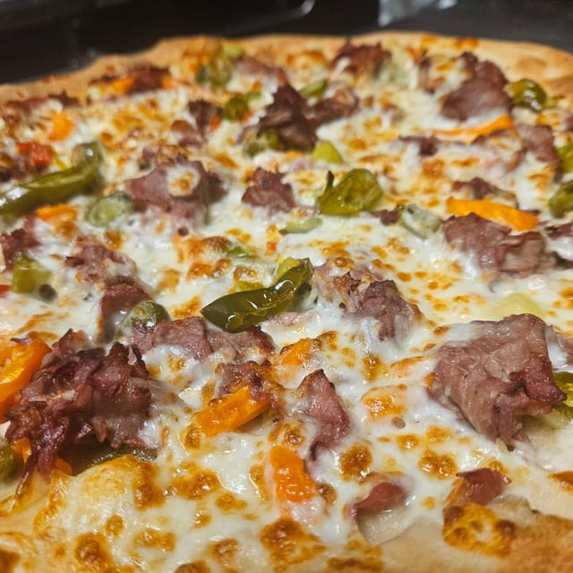Large Philly Cheese Steak Pizza.