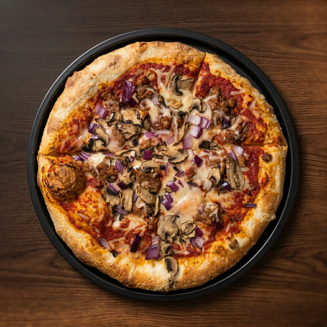 9" Vegan Sausage Mushroom Onion Pizza.