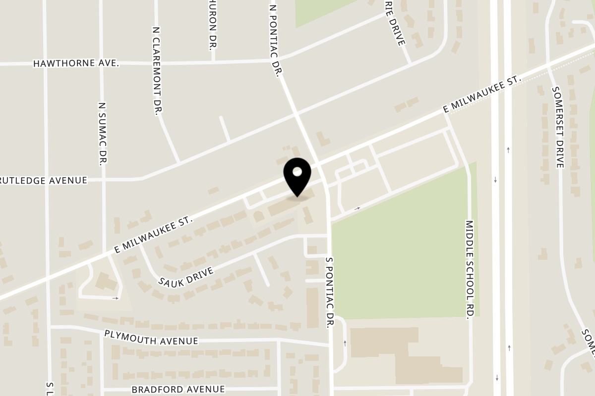 Map showing the location of Milwaukee Street Pizza on 2616 E Milwaukee St in Janesville